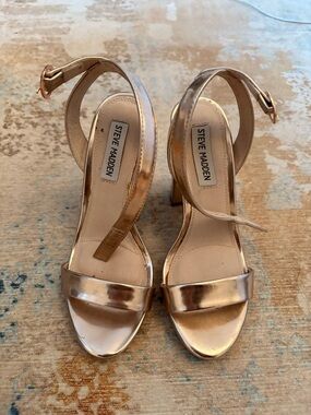Steve Madden Metallic Rose Gold Ankle Strap Block Heels